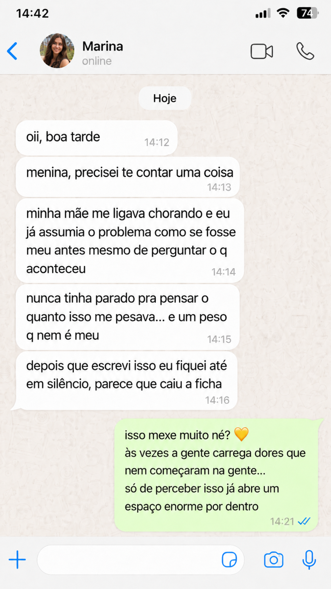 Print de conversa no WhatsApp sobre uma percepção familiar